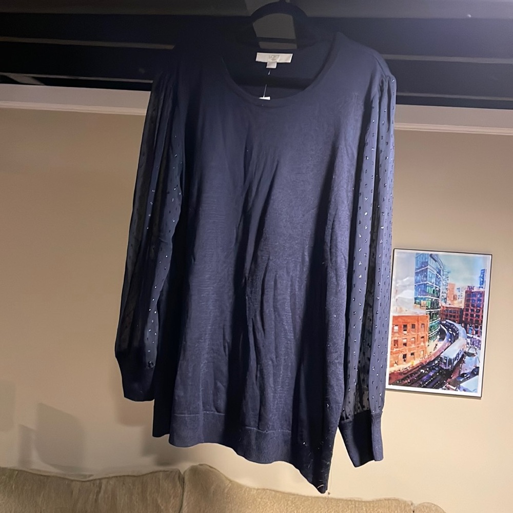 New Ann Taylor LOFT 20/22 Plus Navy Sweater with sheer sleeves.
